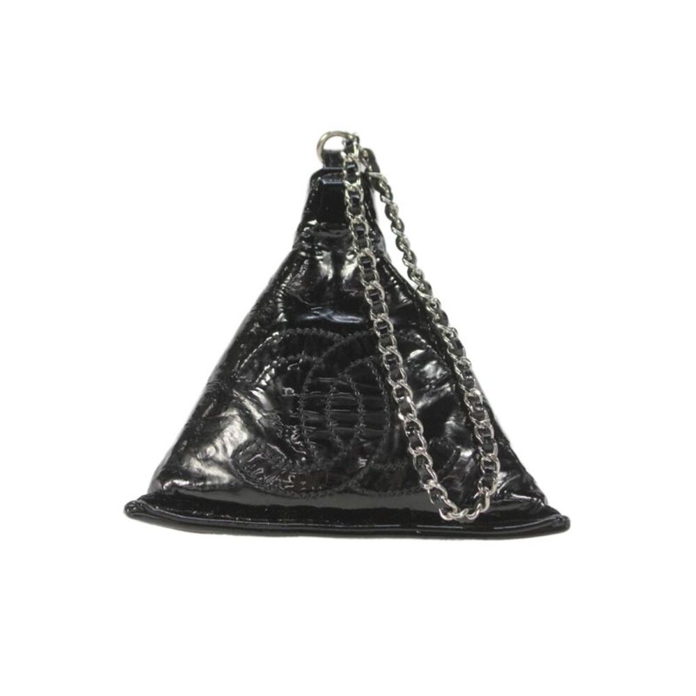 Chanel Womens Patent Leather Bon Bon Pyramid Clutch Handbag Black